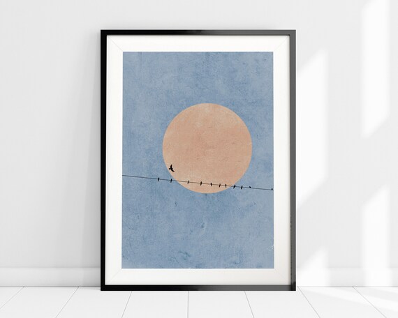 Moonlight Silhouette Print, Birds Nature Abstract Art Print, Pink Moon Nordic Minimalist Wall Art, Scandinavian Wall Art, Nordic Home Decor