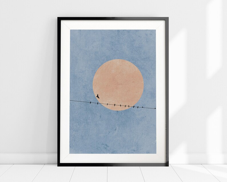 Moonlight Silhouette Print, Birds Nature Abstract Art Print, Pink Moon Nordic Minimalist Wall Art, Scandinavian Wall Art, Nordic Home Decor imagen 1