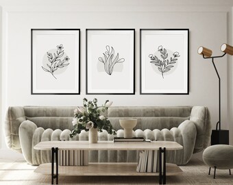 Set of 3 Grey Floral Line Art Prints, Minimalist Grey Flowers Print Set, Botanical Prints, Plant Prints, Grey Wall Decor, Flower Wall Art