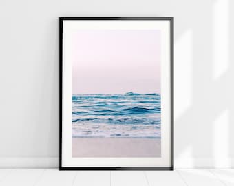 Blush Pink Ocean Art Print, Waves Wall Art, Pink Blue Beach Print, Sunset Seascape Home Decor, Bathroom Beach Wall Art, Coastal Home Decor