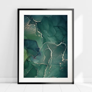 Green and Gold Abstract Art Print, Minimalist Green, White and Gold Wall Art, Green Alcohol Ink Painting, Watercolour, Fluid Art, Abstract
