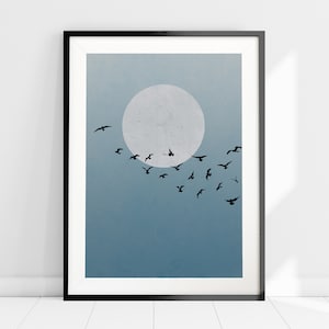 Moon and Birds Art Print, Minimalist Wall Art, Nordic Design, Blue Art Print, Scandi Home Decor, Modern Art, Blue Sky Print, Bird Silhouette