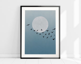 Moon and Birds Art Print, Minimalist Wall Art, Nordic Design, Blue Art Print, Scandi Home Decor, Modern Art, Blue Sky Print, Bird Silhouette