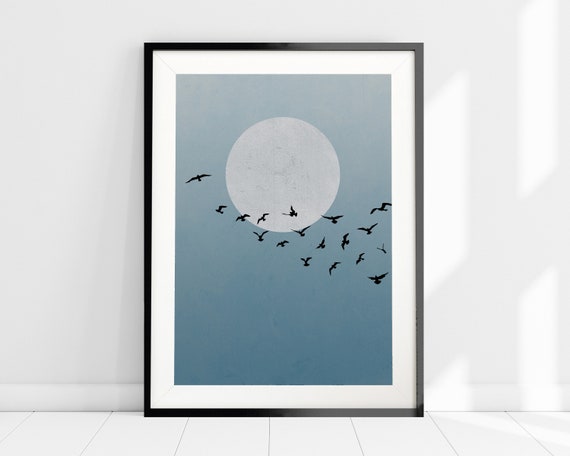 Moon and Birds Art Print, Minimalist Wall Art, Nordic Design, Blue Art Print, Scandi Home Decor, Modern Art, Blue Sky Print, Bird Silhouette