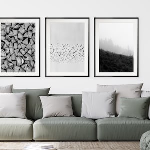 3er Set grauer Waldvogel, Grauer Waldvogel, Graues Wandkunst Set, Abstrakter Wald Druck Set, Poster Set, Kunstwerk Set