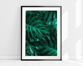 Monstera Leaf Print, Tropical Art Print, Botanical Wall Art, Palm Tree Print, Monstera Leaves, Boho Home Decor, Dark Green Art Wall Decor