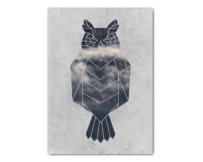 May include: Geometric owl silhouette with a forest and clouds background. The owl is outlined in white and filled with a dark blue color.