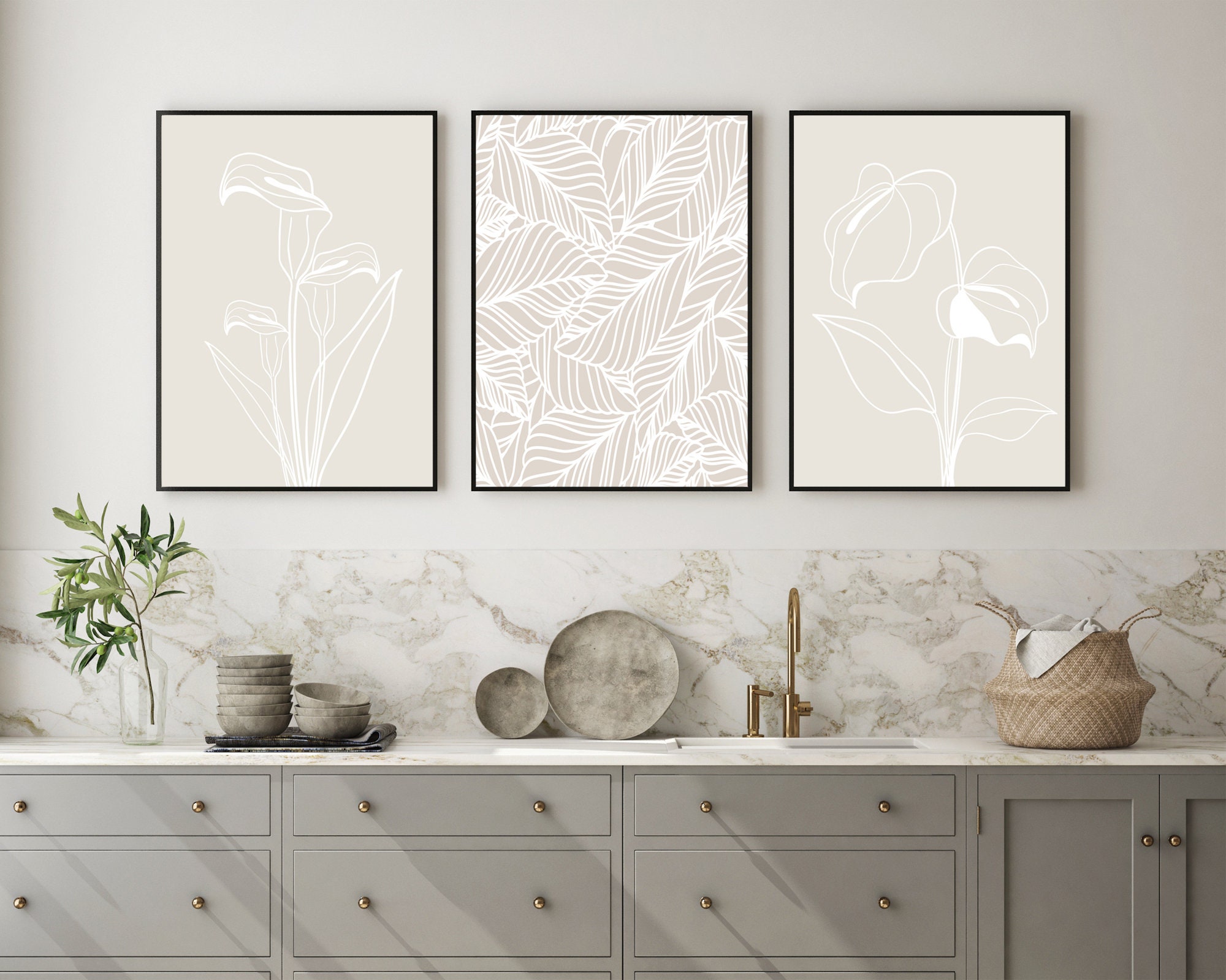Minimalist Beige Botanical Art Print Set of 3, Neutral Floral Line Art ...