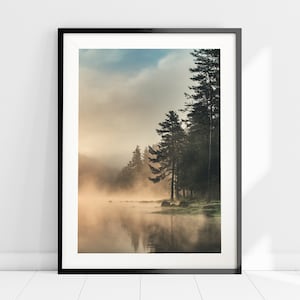 Morning Fog Print, Misty Lake Wall Art, Foggy Forest Print, Minimalist Scandinavian Wall Decor, Foggy Scene Poster, Nordic Style Home Decor