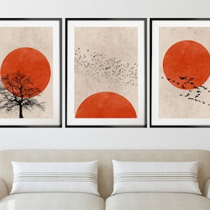 Red Sun Silhouette Set of 3 Prints, Scandi Design Print Set, Minimalist Wall Art Set, Abstract Art Print Set, Deep Red Nordic Home Decor