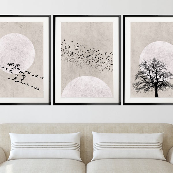 Beige Sun Silhouette Set van 3 Prints, Nordic Style Print Set, Minimalistische Wall Art Set, Abstract Art Print Set, Neutrale Kunst, Beige Home Decor