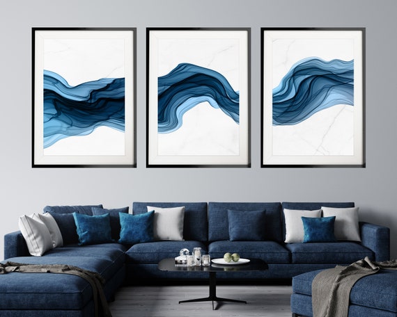 abstract art printed and shipped Set of 3 prints dark blue light blue