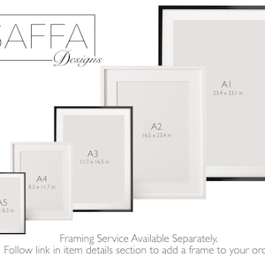 May include: A white poster frame with black trim, showing different sizes and dimensions in inches. The sizes are labeled A1, A2, A3, A4, and A5. The text "SAFFA Designs" is at the top of the image.