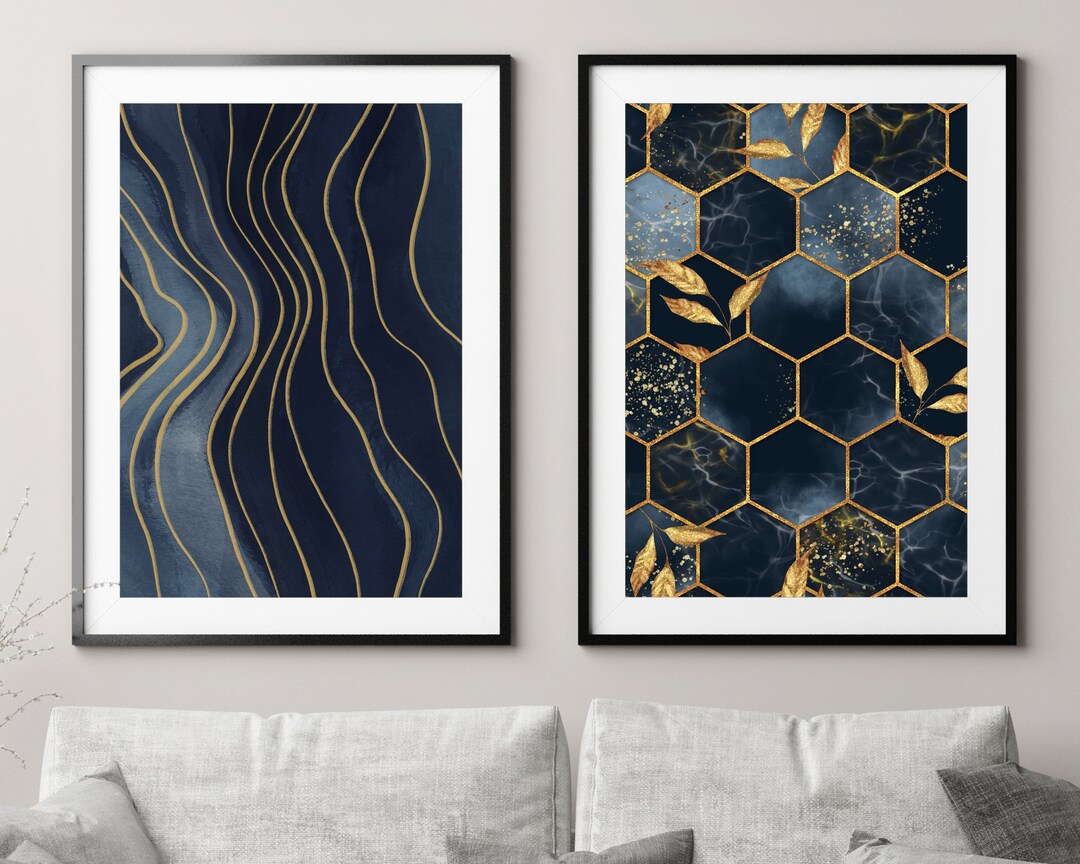 Navy and Gold Set of 2 Abstract Art Prints, Blue Wall Art Print Set of