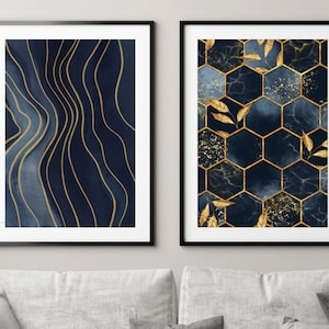 Marine und Gold 2er Set abstrakte Kunstdrucke, Blaue Wand KunstDruck Set von 2, Minimalistisches Kunst Set, Modernes Druck Set, Wohnzimmer Home Decor