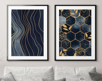 Navy and Gold Set of 2 Abstract Art Prints, Blue Wall Art Print Set of 2, Minimalist Art Set, Modern Print Set, Living Room Home Decor
