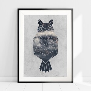 May include: A geometric owl silhouette with a cloudy forest scene inside. The owl is outlined in black and the background is a light gray.