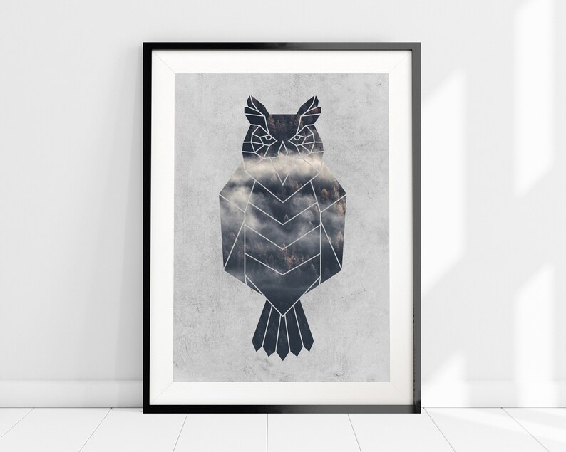 May include: A geometric owl silhouette with a cloudy forest scene inside. The owl is outlined in black and the background is a light gray.