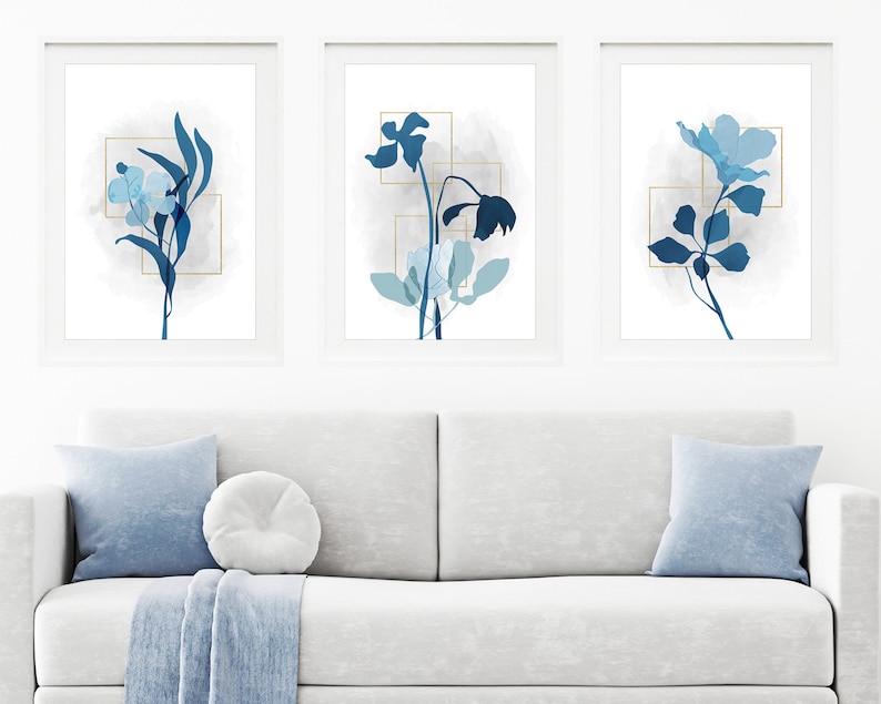 Set of 3 Flower Art Prints Blue and Grey Minimalist Abstract Etsy