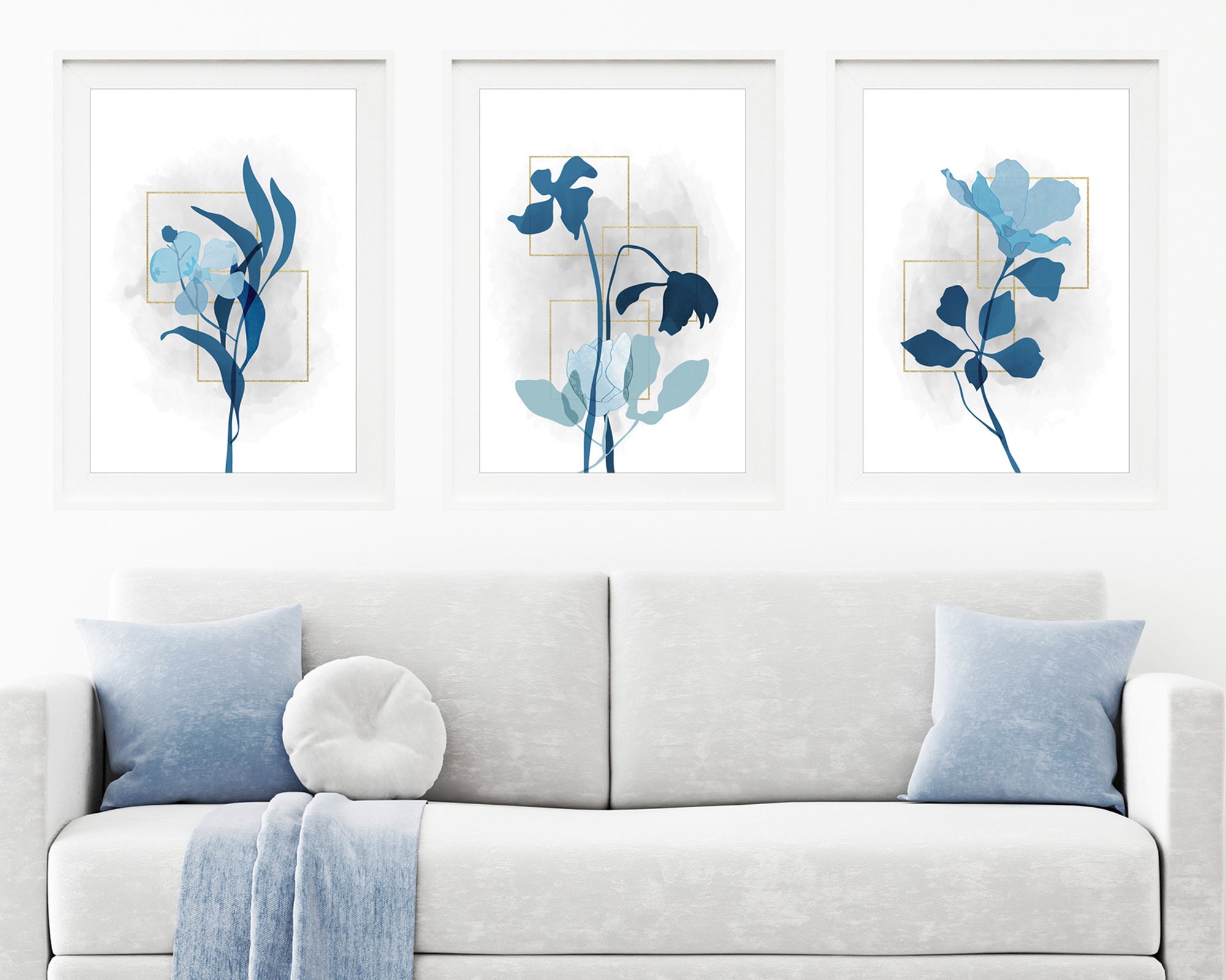 Set of 3 Flower Art Prints Blue and Grey Minimalist Abstract - Etsy