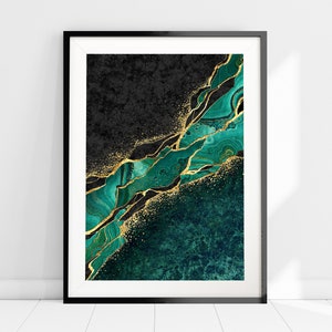 Green and Black Abstract Art Print, Minimalist Green and Gold Wall Art, Watercolour Painting Fluid Art, Dark Green Abstract Large Wall Art