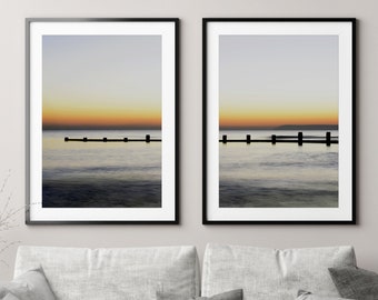Beach Sunset Set of 2 Art Prints, Minimalist Ocean Art Print Set, Coastal Home Decor, Seascape Wall Art Print Set, Gift for Home