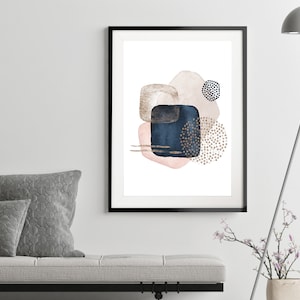 May include: Abstract art print featuring a composition of overlapping shapes in shades of pink, blue, and gold. The shapes are outlined in black and have a watercolor effect. The print is perfect for adding a touch of modern art to any room.