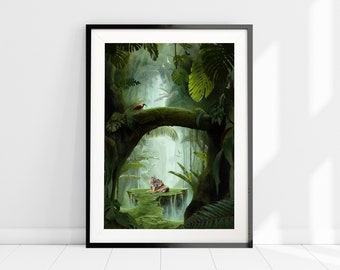 Tigers in the Jungle Art Print, Henri Rousseau Style Print, Tropical Wall Art, Botanical Print, Emerald Green Art, Dark Green Wall Decor