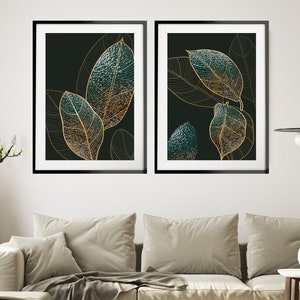Green and Gold Leaf Set of 2 Prints, Botanical Print Set, Abstract Green Wall Art, Modern Art, Emerald Art Prints, Gold Leaves Line Art