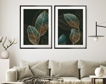 Green and Gold Leaf Set of 2 Prints, Botanical Print Set, Abstract Green Wall Art, Modern Art, Emerald Art Prints, Gold Leaves Line Art
