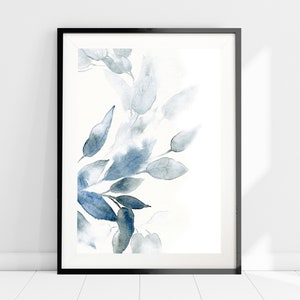 Blue Watercolour Leaves Art Print, Botanical Wall Art, Blue and Grey Wall Decor, Abstract Plant, Minimalist Living Room Art, Bedroom Decor