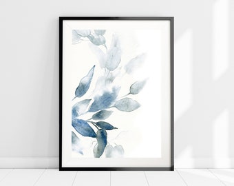 Blue Watercolour Leaves Art Print, Botanical Wall Art, Blue and Grey Wall Decor, Abstract Plant, Minimalist Living Room Art, Bedroom Decor