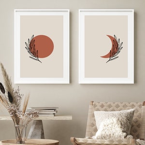 Botanical Sun and Moon Set of 2 Art Prints, Abstract Boho Art Prints Set, Minimalist Art, Copper Wall Art Set, Burnt Orange Art, Neutral Art