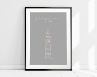 Grey London Line Art Print, Big Ben Line Art Print, London Wall Art, Line Drawing Print, City Print, Grey Wall Decor, Minimalist Line Art