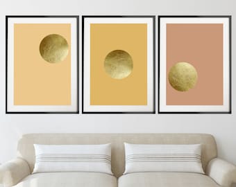 Gold Circle Orange Print Set of 3, Boho Wall Decor, Minimalist Wall Art Set, Abstract Sunset Art Print Set, Copper Orange Sun Home Decor