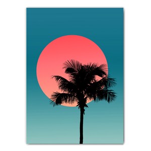 Pode incluir: Uma silhueta de uma palmeira contra um p&ocirc;r do sol rosa e azul brilhante.