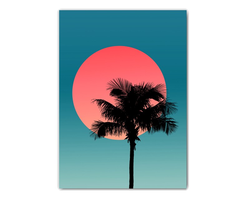 Pode incluir: Uma silhueta de uma palmeira contra um p&ocirc;r do sol rosa e azul brilhante.