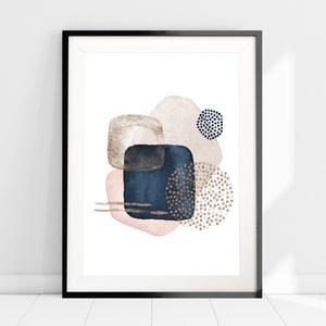 May include: Abstract art print with watercolor shapes in shades of pink, beige, and blue with gold accents. The shapes are layered and overlapping, creating a modern and minimalist design.