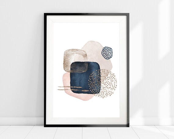 Navy and Pink Colour Block Minimalist Art Print, Blush Pink and Blue Living Room Bedroom Wall Art, Scandinavian Art Print, Scandi Home Decor