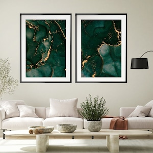Dark Green and Gold Abstract Art Set of 2 Prints, Emerald Green Marble Wall Art Print Set of 2, Minimalist Art Set, Modern Home Decor