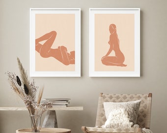 Burnt Orange Nude Woman Print Set of 2, Abstract Female Figures Wall Art Set, Minimalist Art Prints, Peach Orange Wall Decor, Feminist Art