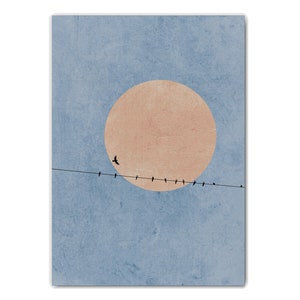 Moonlight Silhouette Print, Birds Nature Abstract Art Print, Pink Moon Nordic Minimalist Wall Art, Scandinavian Wall Art, Nordic Home Decor imagen 2