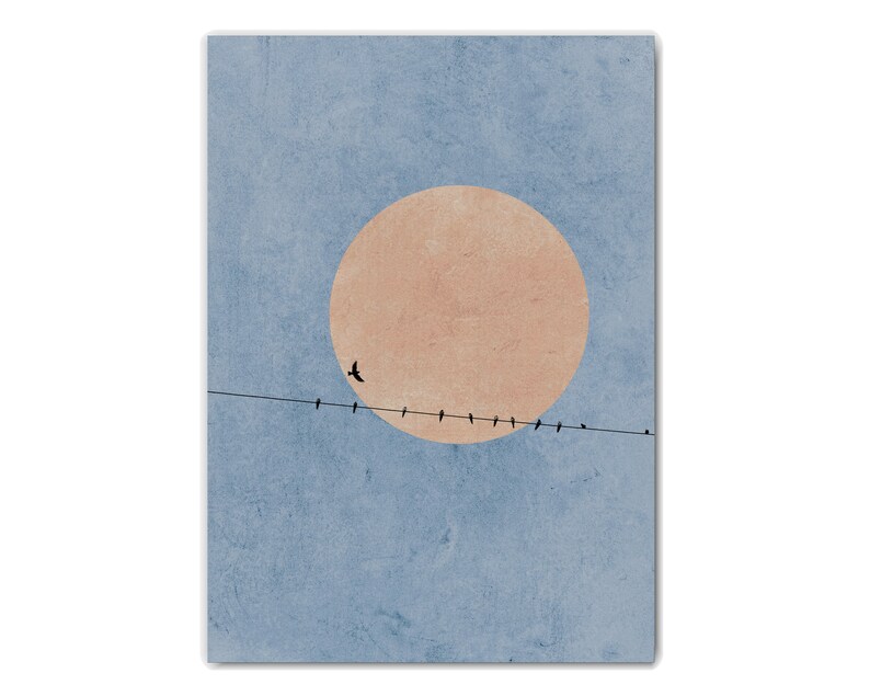 Moonlight Silhouette Print, Birds Nature Abstract Art Print, Pink Moon Nordic Minimalist Wall Art, Scandinavian Wall Art, Nordic Home Decor imagen 2