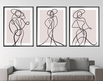 Pink Line Art Print Set of 3, Dusky Pink Wall Art, Abstracto Femenino Body Line Drawing, Blush Girls Bedroom Wall Decor, Vestidor
