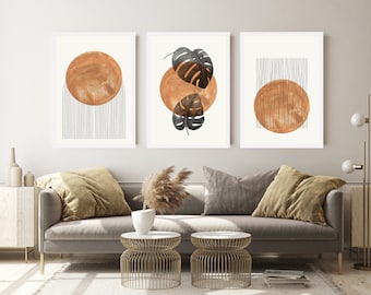 Monstera and Abstract Shapes Print Set, Berlin Arches Minimalist Wall Art Set, Abstract Art, Burnt Orange Wall Decor, Japandi Wall Art
