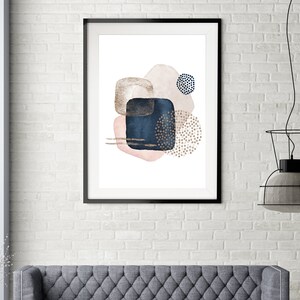 May include: Abstract art print with a white background and shapes in shades of pink, blue, and gold. The shapes are layered and overlapping, creating a modern and minimalist design.