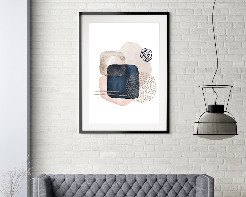 May include: Abstract art print with a white background and shapes in shades of pink, blue, and gold. The shapes are layered and overlapping, creating a modern and minimalist design.