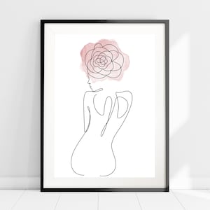 Aquarel Bloem Meisje Line Art Print, Abstracte Vrouwelijke Lichaam Line Art, Minimalistische Blush Roze Kunst aan de Muur, Vrouwelijke Kunst, Meisjes Slaapkamer Art Decor