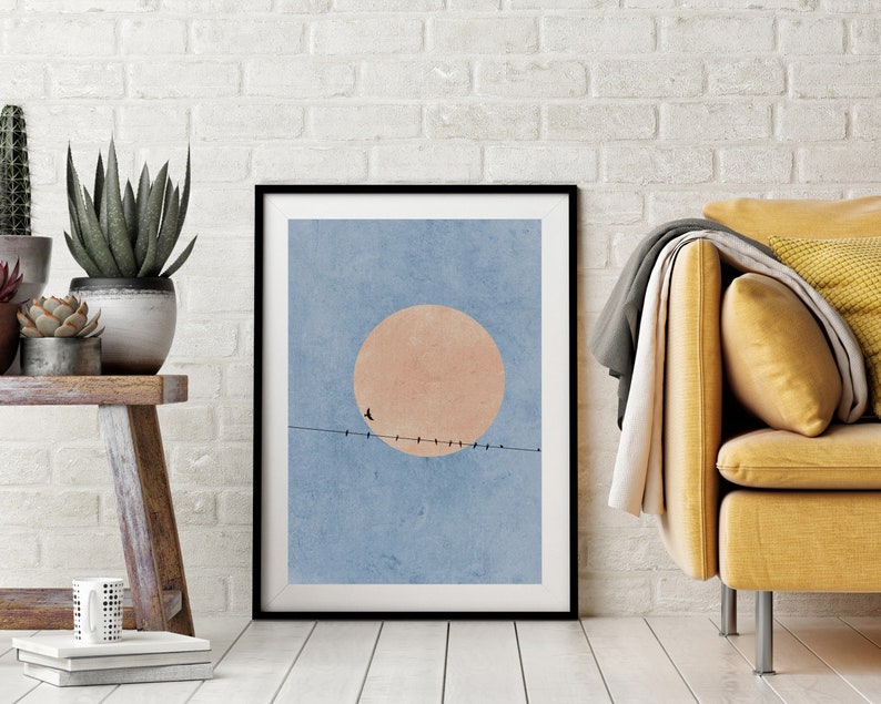 Moonlight Silhouette Print, Birds Nature Abstract Art Print, Pink Moon Nordic Minimalist Wall Art, Scandinavian Wall Art, Nordic Home Decor imagen 3