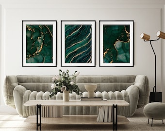 Green and Gold Abstract Art Print Set of 3, Dark Green Marble Painting, Minimalist Wall Art, Living Room Art, Emerald Green Wall Decor